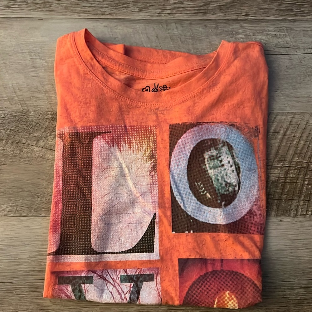 Orange T-shirt by Mudd with the word LOVE in boxes on the front. Size M